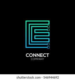 Letter E logotype blue and green color,Technology and digital abstract dot connection vector logo