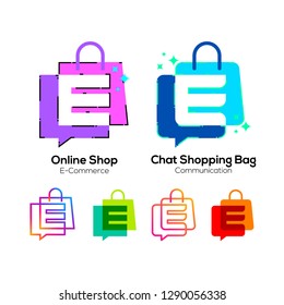 Letter E logotype Colorful on Shopping Bag and Chat Bubble logo, Online shop sign, Fashion Store icon, Marketing and E-commerce , Social Networking and Communication Digital concept for your Business