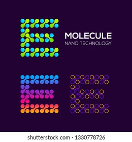 Letter E Logotype with Dots and Curve , Circle Shape and Line Connection, Molecule and Nano Technology logo, Innovation and DNA Icons, Medical Cosmetics Symbols, Science Laboratory Cell Signs