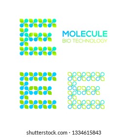 Letter E Logotype with Green Leave and Dots cross, Molecular cell structure concept, Nano Technology and Ecology Biology logo, Eco Plant Icons, Chemistry and DNA Symbols, Science Laboratory Signs