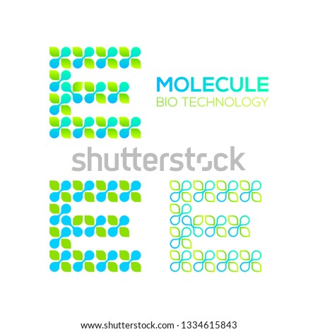 Letter E Logotype with Green Leave and Dots cross, Molecular cell structure concept, Nano Technology and Ecology Biology logo, Eco Plant Icons, Chemistry and DNA Symbols, Science Laboratory Signs