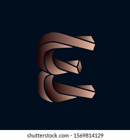 Letter E logo.Typographic icon.Lettering sign for company branding.Twisted elements uppercase alphabet initial isolated on dark fund.Character shape.Modern,geometric,corporate style.Copper color.