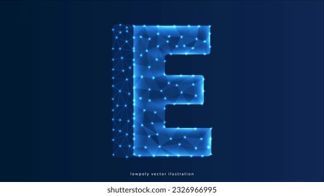 Letter E low poly design, alphabet abstract geometric image, font wireframe mesh polygonal vector illustration made from points and lines on blue background	