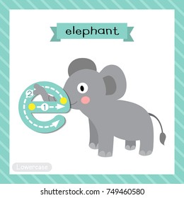 Letter E lowercase cute children colorful zoo and animals ABC alphabet tracing flashcard of Standing Elephant for kids learning English vocabulary and handwriting vector illustration.