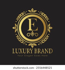 Letter E Luxury brand logo design with a royal gold crown emblem and elegant typography
