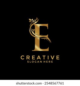 Letter E with Luxury Gold Flower logo design vector template, Initial Letter Professional logo for all kinds of business