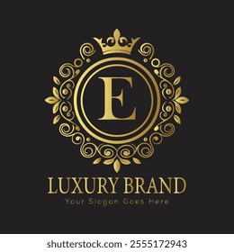 Letter E luxury gold logo concept brand logo design with a royal gold crown emblem and elegant typography
