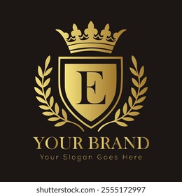 Letter E luxury gold logo concept brand logo design with a royal gold crown emblem and elegant typography
