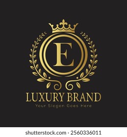 Letter E luxury gold logo concept brand logo design with a royal gold crown emblem and elegant typography
