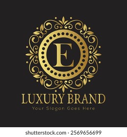 Letter E luxury gold logo concept brand logo design with a royal gold crown emblem and elegant typography
