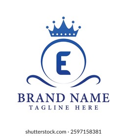 Letter E luxury gold logo concept brand logo design with a royal gold crown emblem and elegant typography