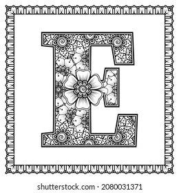 Brief E aus Blumen im mediterranen Stil. Farbbuchseite. Umriss-handgezeichnete Vektorgrafik.