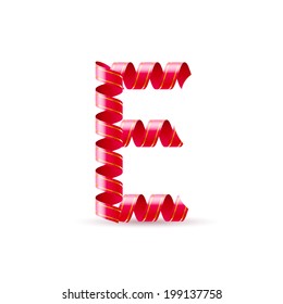 Letter E made of red curled shiny ribbon