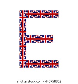 Letter E made from United Kingdom flags on white background