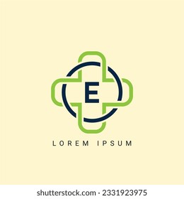 Buchstabe E mit dem Logo des Arztes Konzept Symbol Symbol Design mit dem Symbol Design. Medical Plus Logo Design. Logo-Vorlage für Vektorgrafiken