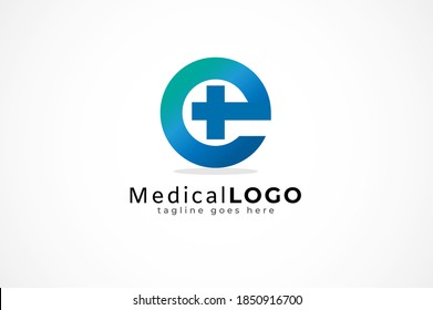 Letter E Medical Logo, letter E with Cross  icon inside, isolated on white background, flat design logo template element, vector illustration