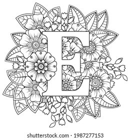 Letra E con flor mehndi. adorno decorativo de estilo étnico oriental. página del libro de coloreado. 