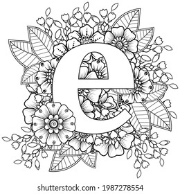 Letter E with Mehndi flower. decorative ornament in ethnic oriental style. coloring book page. 