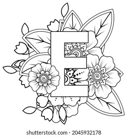 Letra E con flor mehndi. adorno decorativo de estilo étnico oriental. página del libro de coloreado. 
