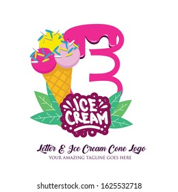 Letter E Melting Ice Cream Balls in the Waffle Cone Isolated on White Background. Vector Flat Modern Style. Colorful Logo in Cartoon Style Illustration for Ice Cream Shop Café and Restaurant