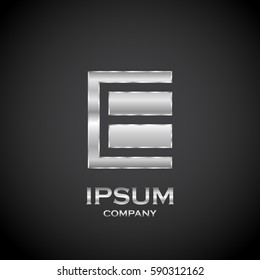 Letter E with metallic texture,3d Glossy, metal texture, Silver, steel and realistic shadow for logo