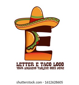 Letter E Mexican Meat Taco Dishes with Sombrero Hat Vector Logo Design Illustration Food on White Background for Restaurant and Cafe. Initial Typography Logotype Template