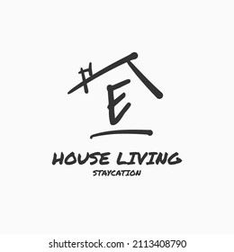 letter E minimalist doodle house vector logo design