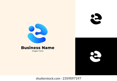 Letter E molecule logo design is a logo design of molecules forming the letter E and illustrating a baby being held, for logos for maternity hospitals, laboratories, pharmacies, etc.