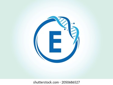 Letter E monogram alphabet in a circle with DNA. Genetics logo design concept. Font emblem. Modern vector logo for medicine, science, laboratory, business, and company identity