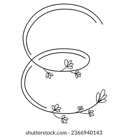Letter E monogram with floral details. Vector illustration.