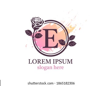 Letter E monogram logo. Circle floral style with beautiful roses. Feminine Icon Design.