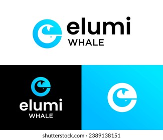 Letter e monogram whale swimming in the ocean logo design.
