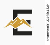 Letter E Mount Logo. Mountain Nature Landscape Logo Combine With Hill Icon and Template