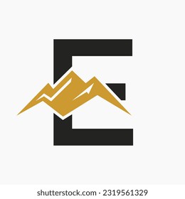 Letter E Mount Logo. Mountain Nature Landscape Logo Combine With Hill Icon and Template
