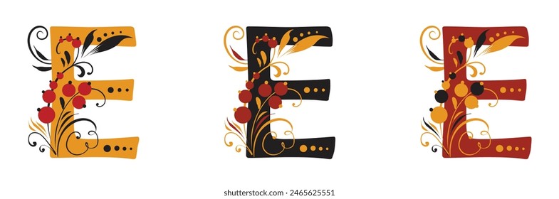 The letter e in the old Russian style in three versions with beautiful curls. Traditional Russian floral motifs. For monogram, invitations, wedding, decoration.
