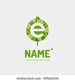 The letter E on a background leave. Logo, illustration, design template. Company, shop, symbol concept icon. Element in vector.