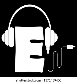 letter E on a black background, headphones on top