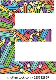 Letter E on colored pencils background 