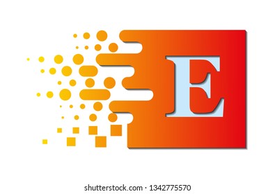 letter E on a colored square with destroyed blocks on a white background.