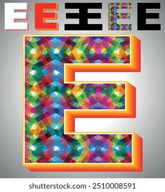 Letter E on triangular pattern mosaic royalty vector, Colorful triangles form E mosaic design, This graphic design is set against E white triangular background, Polygonal 3D Alphabet E, A to Z Letter.