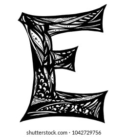 letter E on white background. Free hand drawn. Vector illustration.