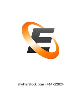 Letter E orbiting swoosh business logo black orange