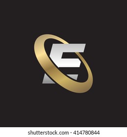 Letter E orbiting swoosh business logo gold silver black background