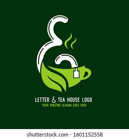 Letter E Organic Tea House Logo Template Design Vector Illustration with Cup on Green Background.Hot and Cold Beverage Logo for Company.Corporate. Business.Bar.Café.Restaurant