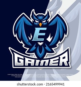 Letter E Owl Mascot esport gaming logo design, owl night bird illustration, bird gamer esport logo