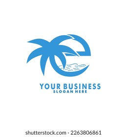 letter E with palm and wave logo vector 
