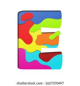 Letter E in paper cut Style with multi color layer isolated on white background