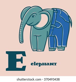 Letter E. Part of animal alphabet. Cartoon elephant wearing in jeans.