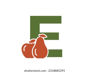 Buchstabe e mit Birne und Apfel. Logo des Fruchtalphabets Gartenbau und Erntedesign. isoliertes Vektorbild