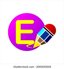 Letter e with pencil in dots, colorful clipart. Simple, beautiful and cool vector graphic resource